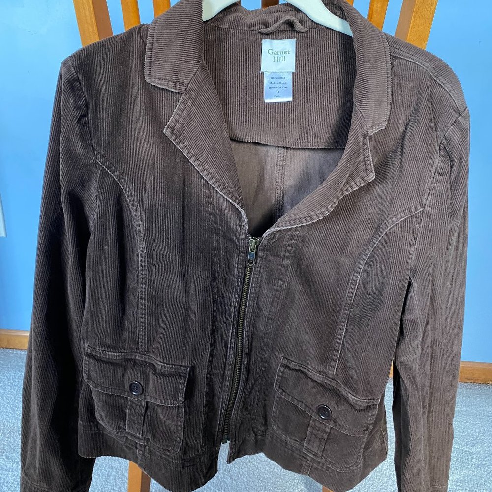 Misses Garnet Hill brown corduroy cropped jacket size 14 Petite